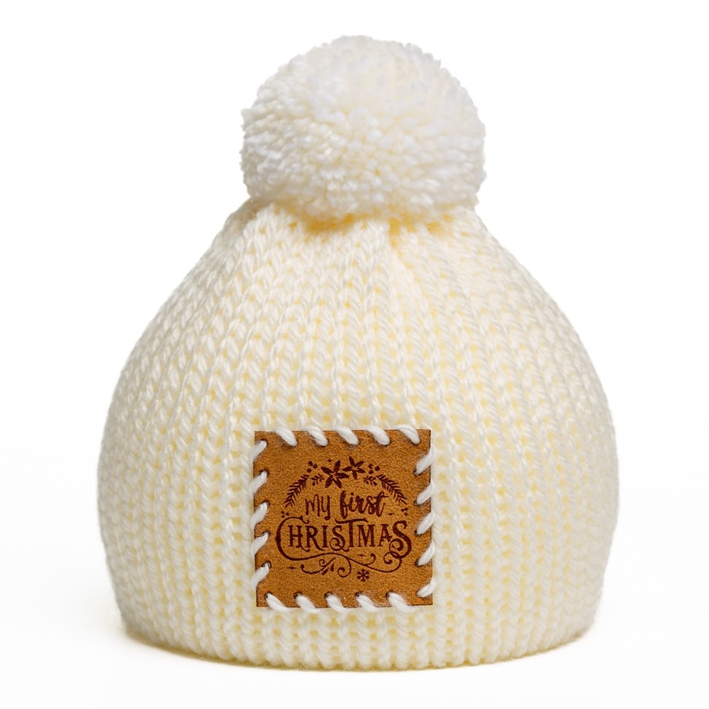 Cream Pom Pom Baby Beanie - My First Christmas